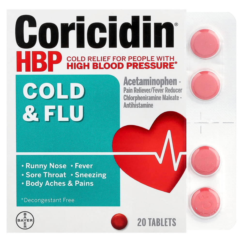 Coricidin HBP, От простуды и гриппа, 20 таблеток