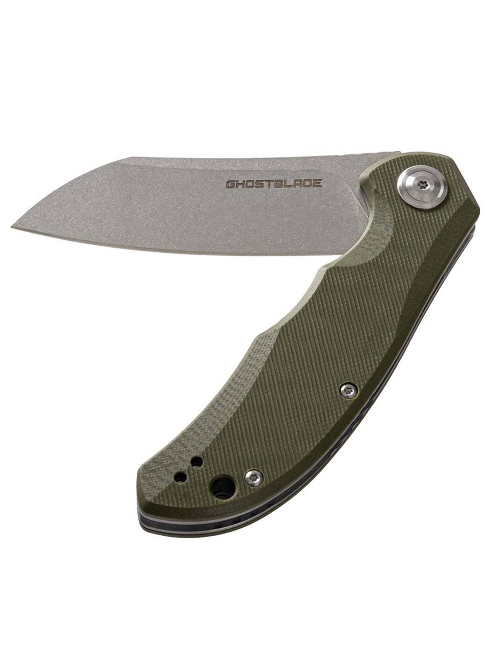 Нож складной GhostBlade Banshee, сталь D2, 58-62 HRC, Sheepfoot, рукоять G10 оливковая, замок Liner lock, флиппер, 128 г