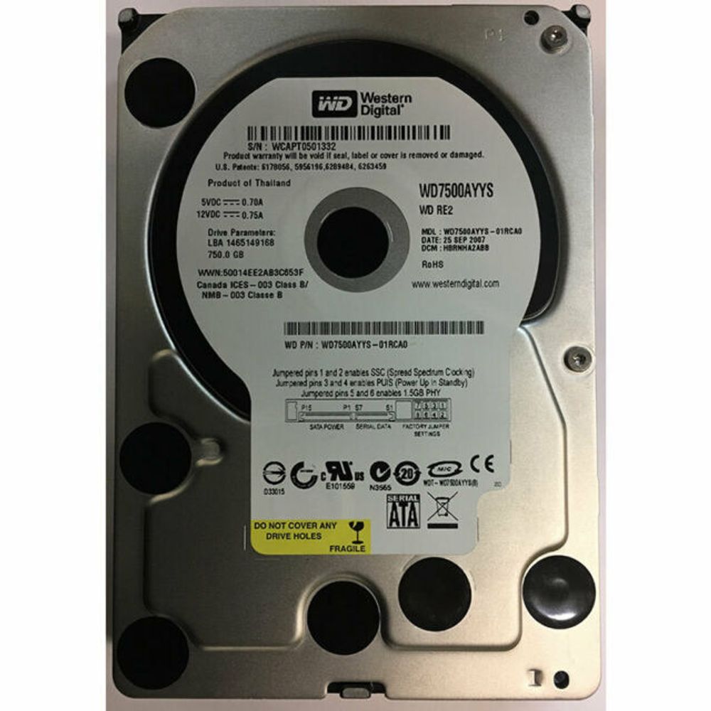 Жесткий диск Western Digital RE2 750Gb 3.5" 7200rpm 16Mb SATA 3Gb/s WD7500AYYS