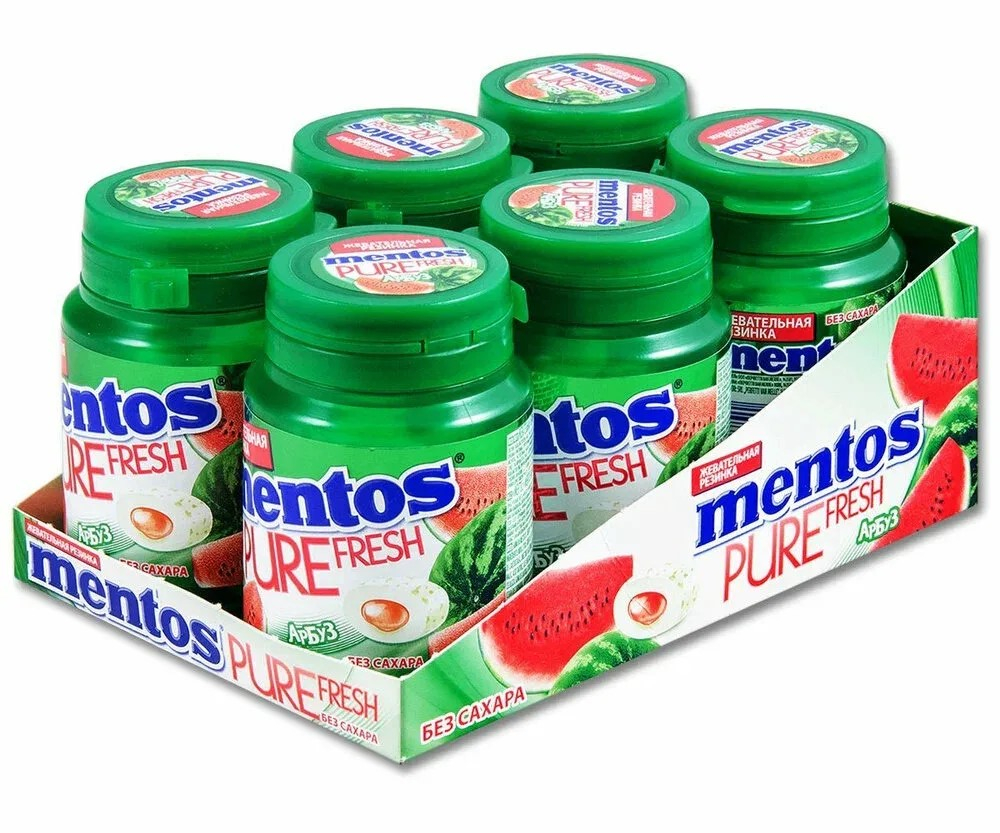 Mentos Gum Pure Fresh Watermelon (Ментос Жев.резинка ПФ Фреш Арбуз в банке) 61,25гр (6шт)