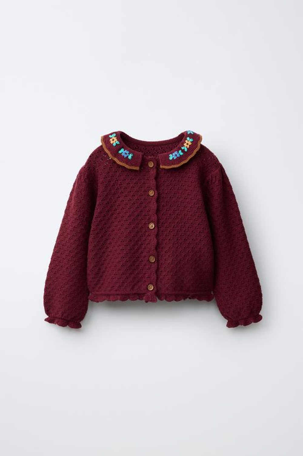 ZARA ТРИКОТАЖНЫЙ КАРДИГАН С ВЫШИВКОЙ ИЗ ХЛОПКА И ЛЬНА, ТЕМНО-БОРДОВЫЙ
