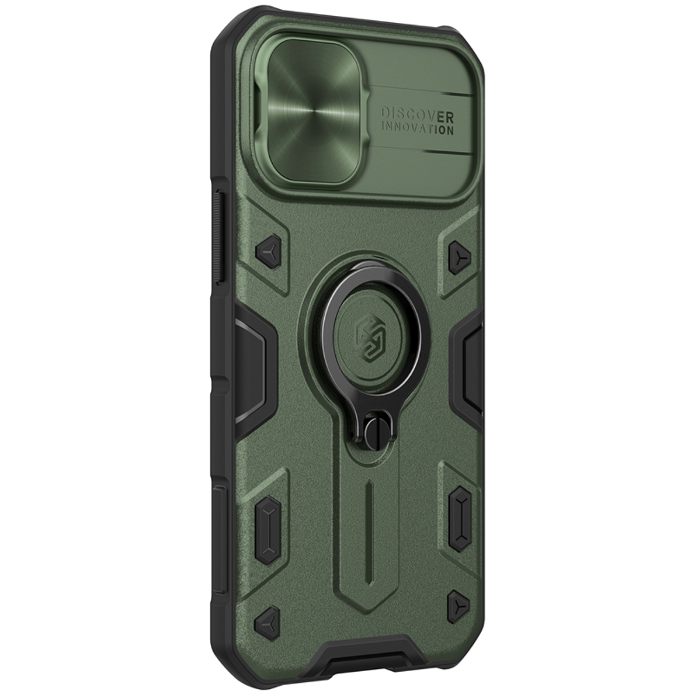 Чехол противоударный от Nillkin зеленого цвета (Dark Green) для iPhone 12 mini, серия CamShield Armor Case, с кольцом и металлической защитной шторкой для камеры