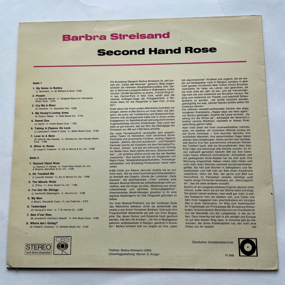 Винтажная виниловая пластинка LP Barbra Streisand Second Hand Rose (Германия 1967)