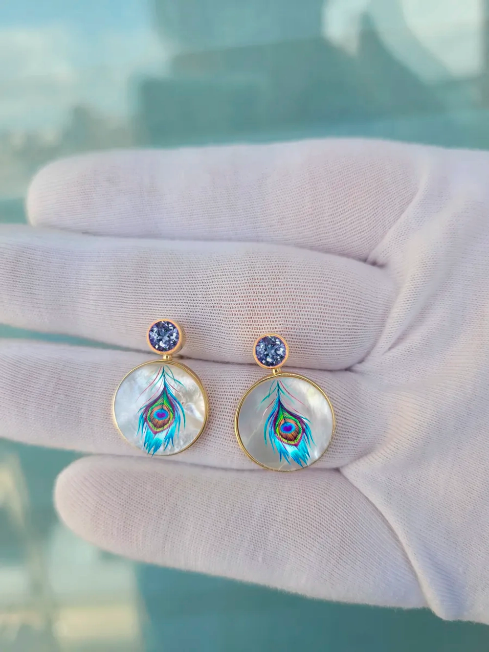 Серьги с рисунком на перламутре, серебро 925