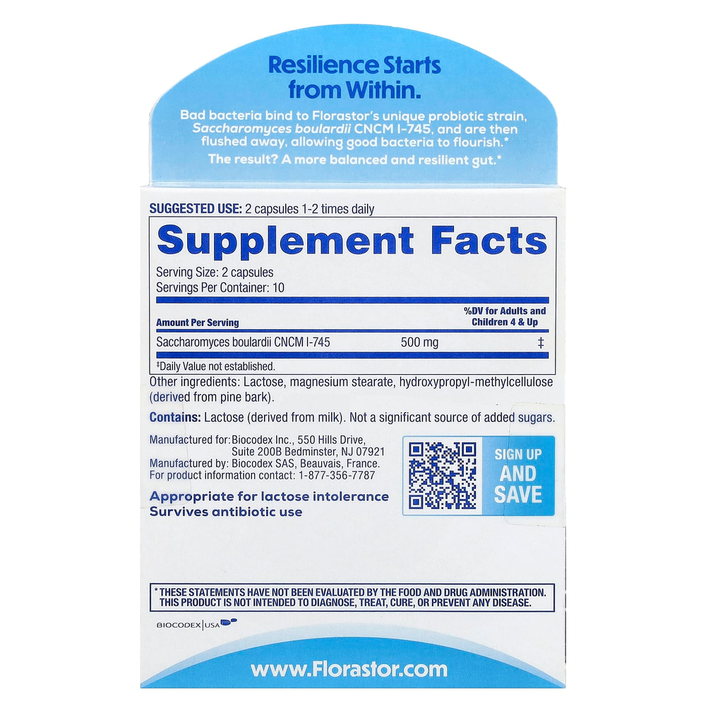 Florastor, Dual Action Probiotic Supplement, 20 Vegetarian Capsules (250 mg per Capsule)