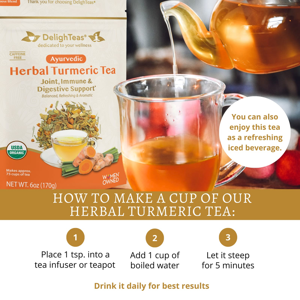 DelighTeas, аюрвердический травяной чай с куркумой, рассыпная смесь, без кофеина, 170 г (6 унций)