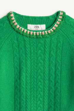 ZARA СВИТЕР С КРУГЛЫМ ВЫРЕЗОМ - LIMITED EDITION, ЗЕЛЕНЫЙ/ЭКРЮ