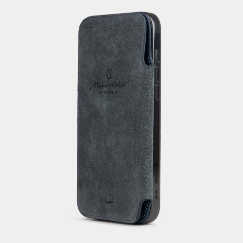 Чехол-книжка кожаная для iPhone 16 Pro, теленок синего цвета