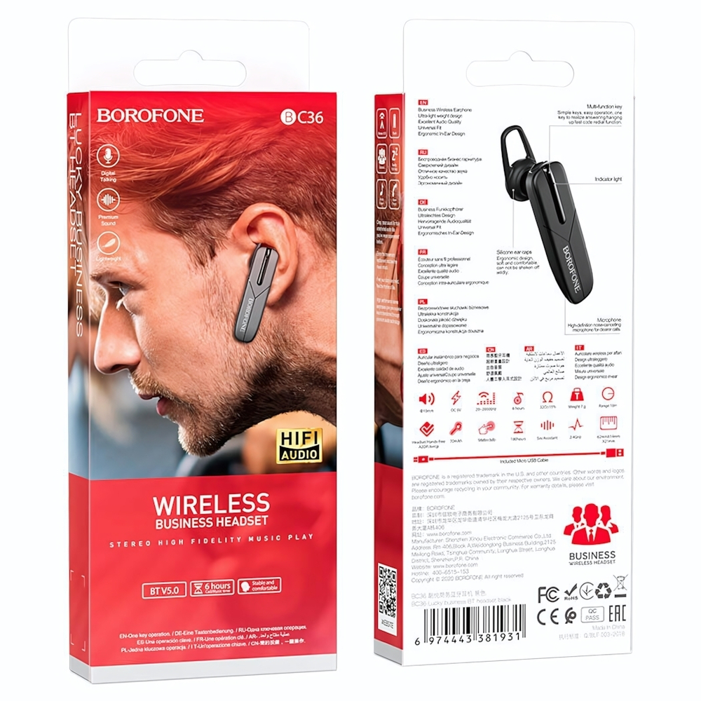 Bluetooth - гарнитура Borofone BC36 mono, BT5.0, 70mAh Black