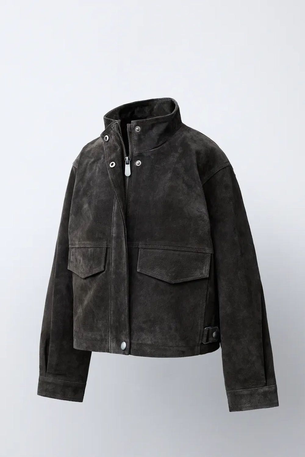 ZARA КУРТКА ИЗ 100% КОЖИ С КАРМАНАМИ, ТЕМНЫЙ ХАКИ