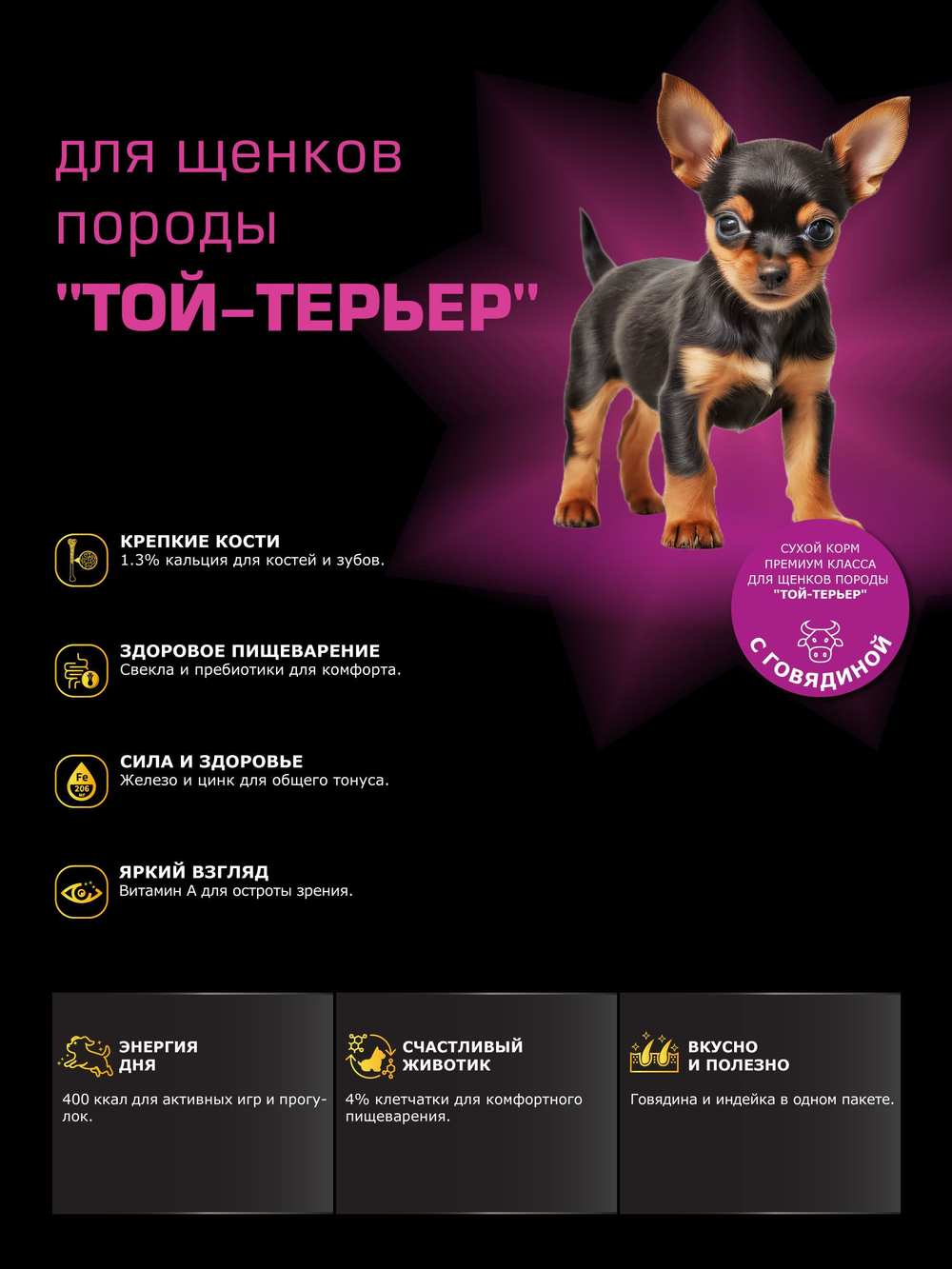 Корм сухой для щенков породы Той-терьер, с говядиной, 800 гр, QUATTRO