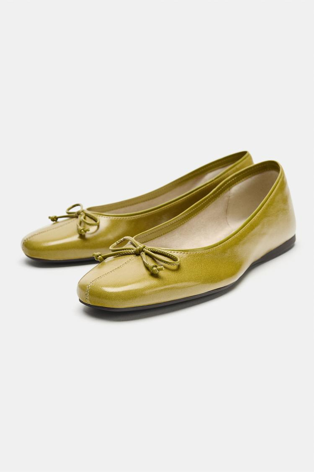 ZARA КОЖАНЫЕ БАЛЕТКИ С БАНТОМ, ФИСТАШКОВО-ЗЕЛЕНЫЙ