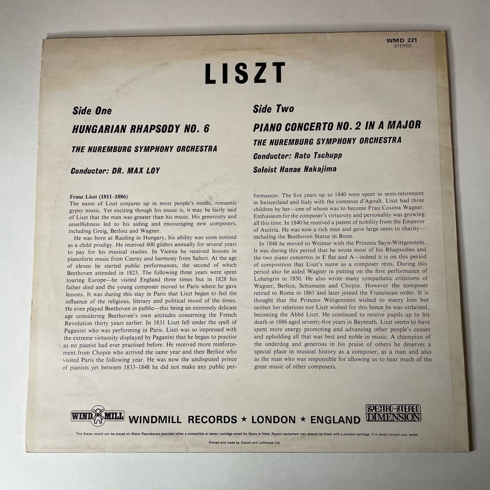Винтажная виниловая пластинка LP Liszt Лист, The Nuremburg Symphony Orchestra, Dr Max Loy, Rato Tschupp, Венгерская Рапсодия Hungarian Rhapsody No 6 (Англия 1974)