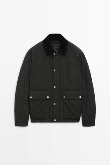 Massimo Dutti Стеганая куртка с вельветовым воротником, черный