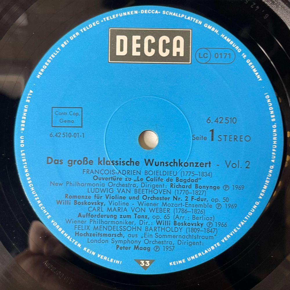 Винтажная виниловая пластинка LP Сборник Das Grosse Klassische Wunschkonzert Vol. 2. Большой Классический Концерт (Германия 1979)