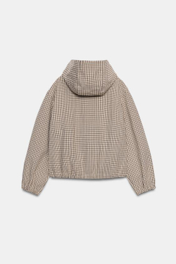 ZARA КУРТКА В КЛЕТКУ С КАПЮШОНОМ, ЖЕЛТОВАТО-БЕЛЫЙ