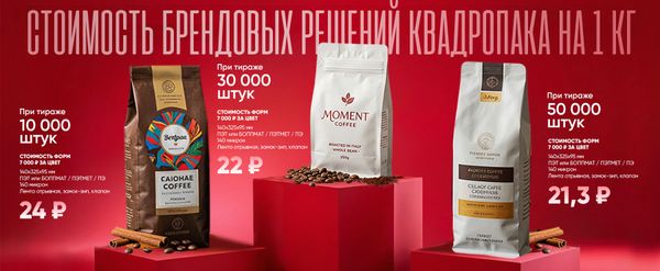 Выгодные условия на брендовые квадропаки для кофе — экономия с ростом тиража Выгодные условия на брендовые квадропаки для кофе — экономия с ростом тиража