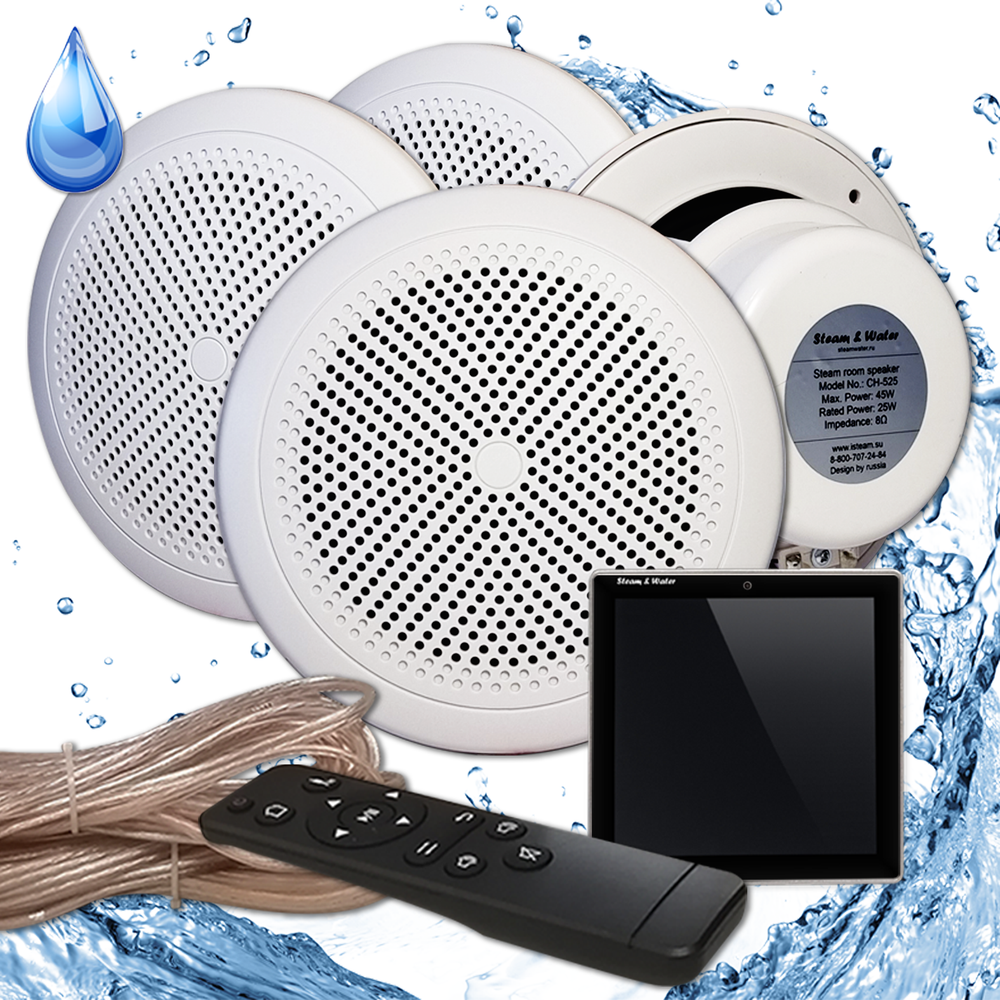 Комплект влагостойкой акустической системы для бани, сауны и хамама Steam&water SW4-Black SENSOR