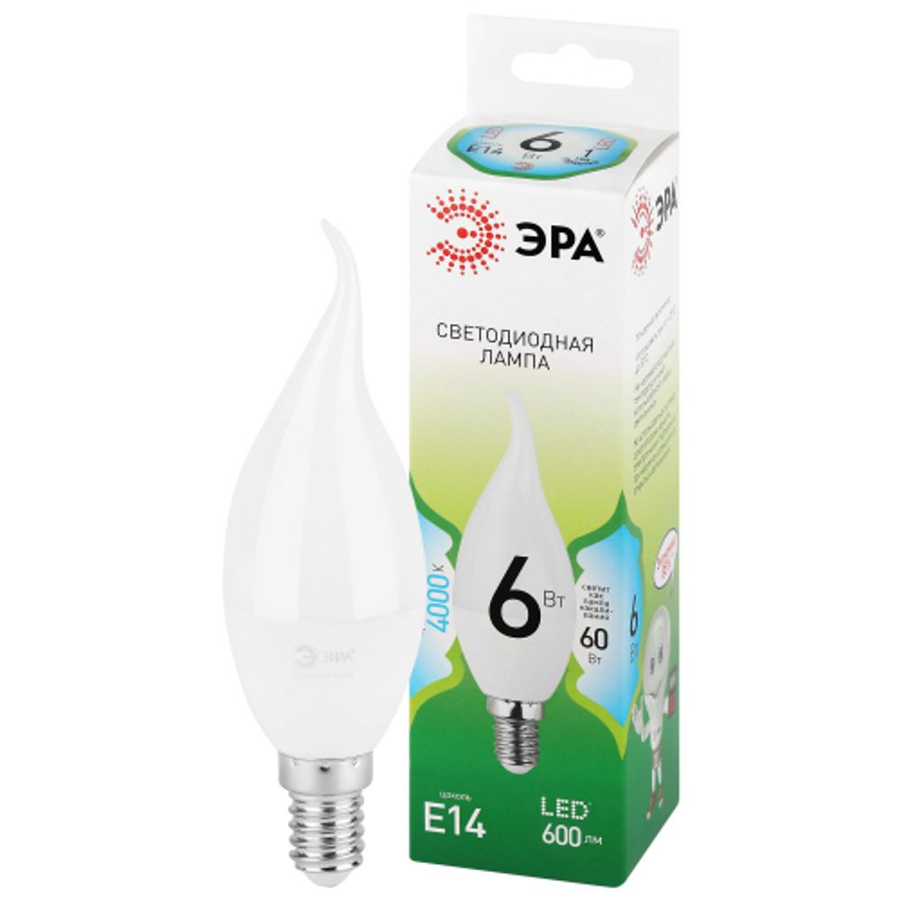 Лампа светодиодная ЭРА GREEN LINE LED BXS-6W-840-E14 GL 6Вт свеча на ветру яркий белый свет E14 | Лампы cветодиодные Свеча (B/C)