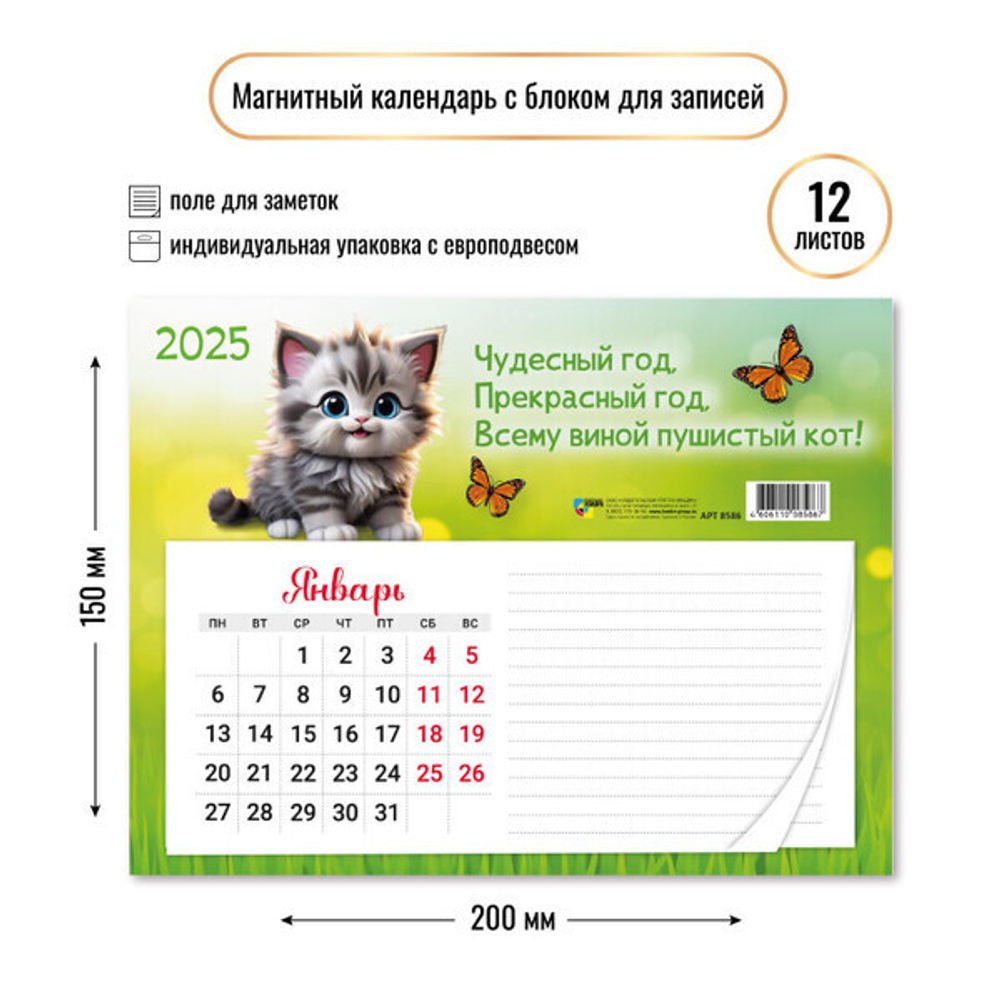 Календарь с блоком для записей 2025"Кот» 20*15 см