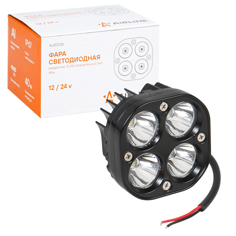 Фара светодиодная Airline квадратная 4 LED направленный свет 40W (78х78х50) 12/24V