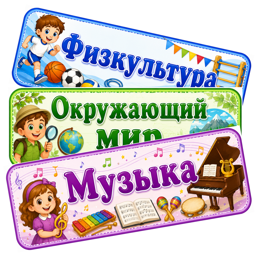 Таблички «Названия школьных предметов», «Дни недели», «Полезные напоминания». Расписание уроков. 1-4 класс. PDF-материал