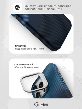 Чехол накладка iPhone 16 Pro Max 6.9" Gurdini Carbon Design (Magsafe &amp; Lense holder) Mountain Blue