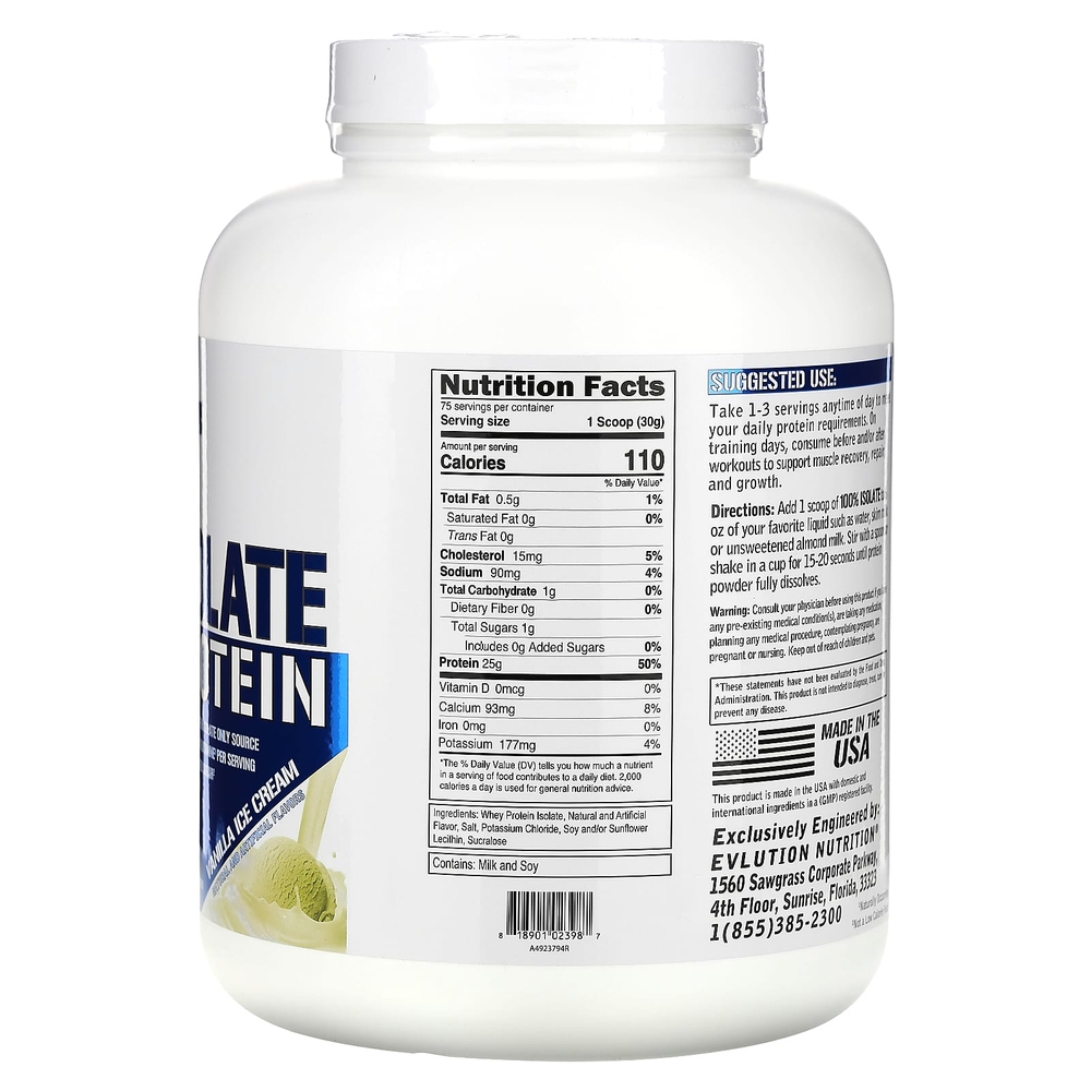 EVLution Nutrition, 100% изолят протеина, ванильное мороженое, 2,268 г (5 фунтов)