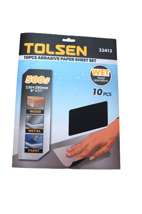 Шлифлист на бумажной основе водостойкий TOLSEN P500 SIC, 280х230мм 10шт. 32413