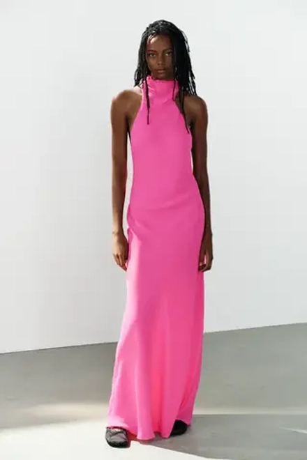 ZARA ДЛИННОЕ ПЛАТЬЕ-ХАЛТЕР С ЗАВЯЗКАМИ, НЕОНОВЫЙ РОЗОВЫЙ