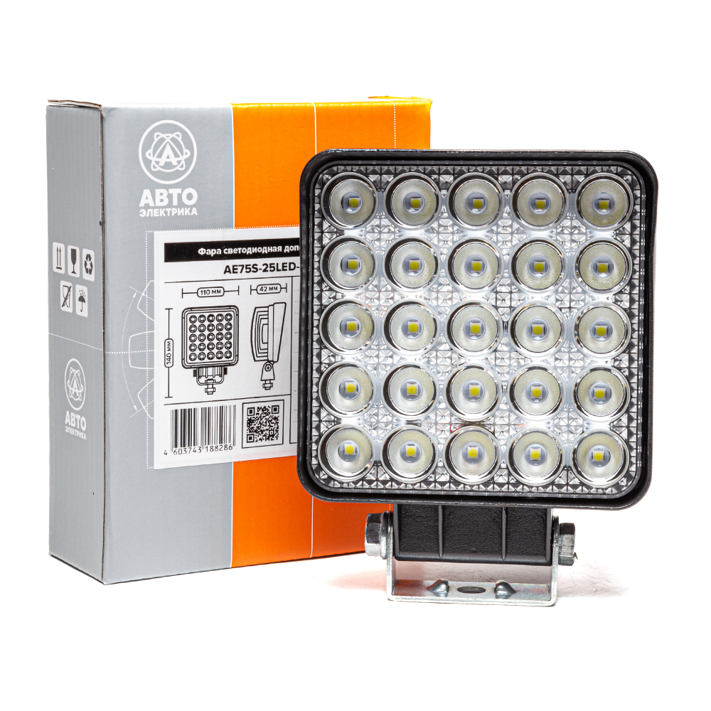 AE75S-25LED-42PC Фара светодиодная дополнительная, квадратная 110*42*140, рассеянный свет, 25 диодов, крепление по центру, 75 Вт, 10-30 В