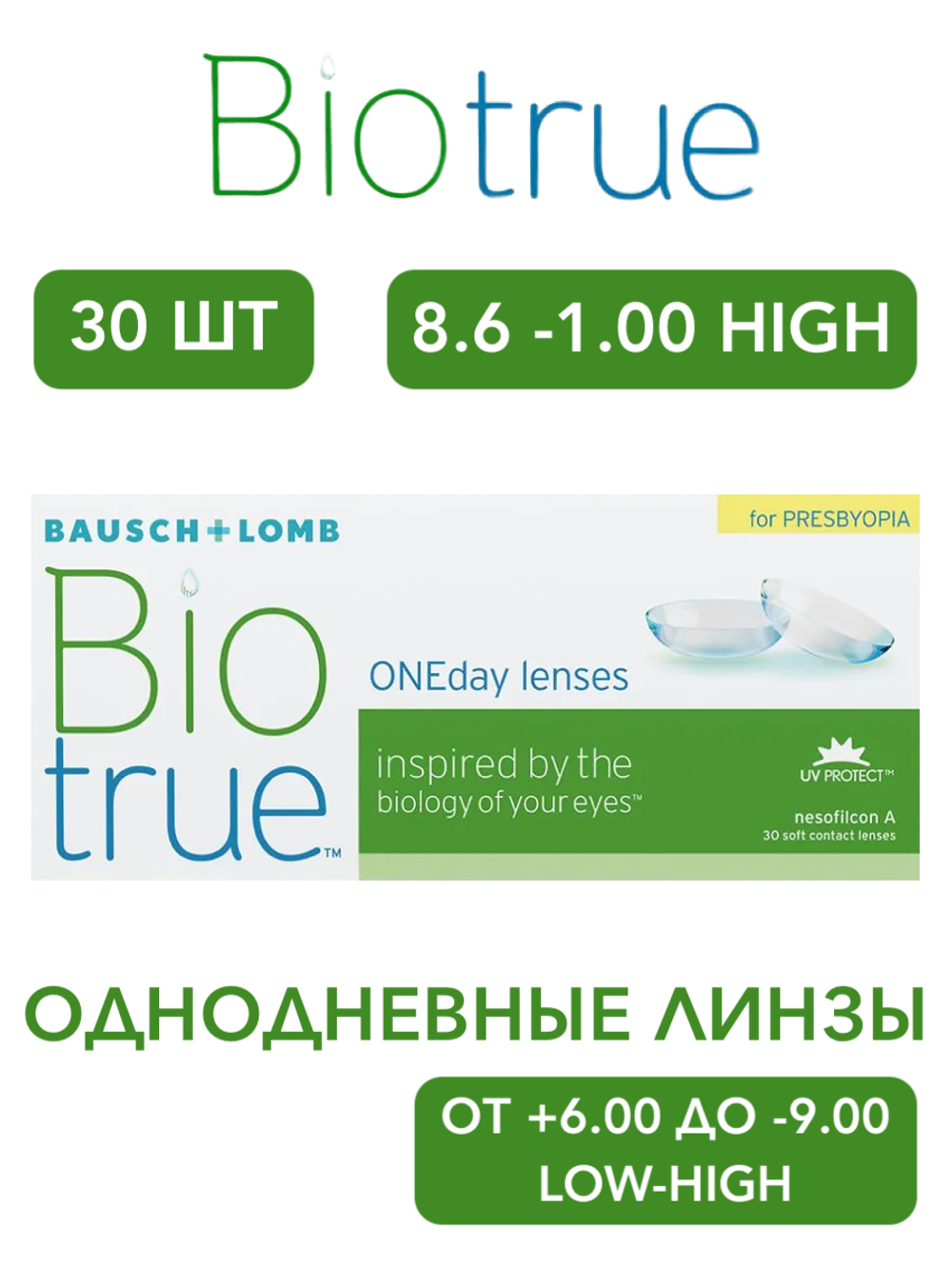 Однодневные мультифокальные контактные линзы Biotrue ONEday for Presbyopia (уп. 30 линз)