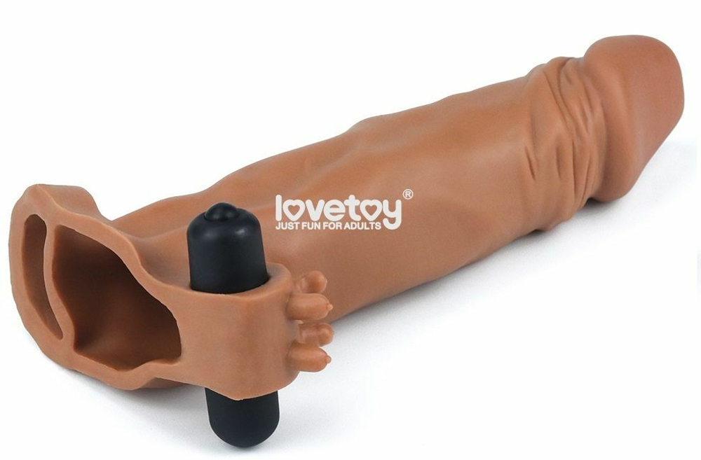 Коричневая вибронасадка-удлинитель на пенис Add 2 Pleasure X Tender Vibrating Penis Sleeve - 19 см. (Цвет: коричневый)