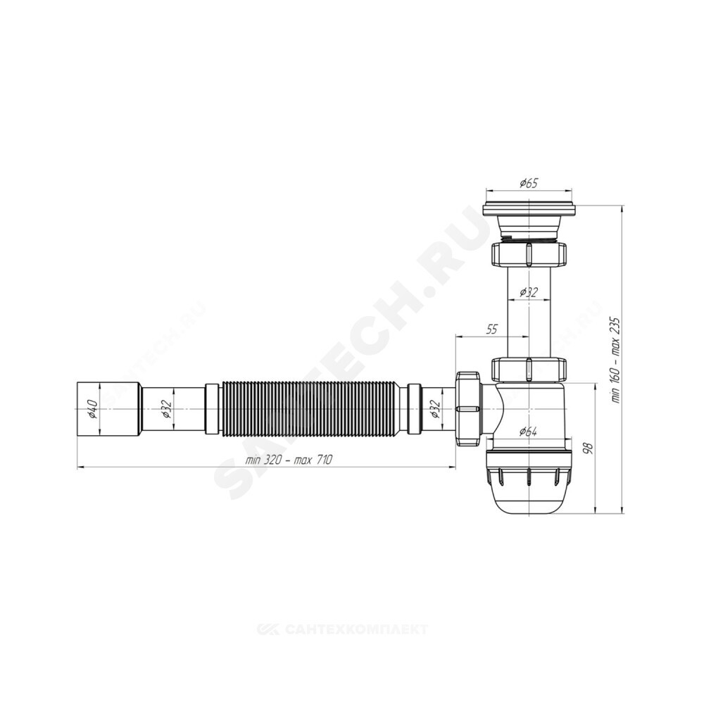 Сифон для умывальника бутылочный 1 1/4"x32 с гофрой 32х32/40 выпуск с нержавеющей решёткой D=65мм АНИ Юнг АНИ Пласт BM1015