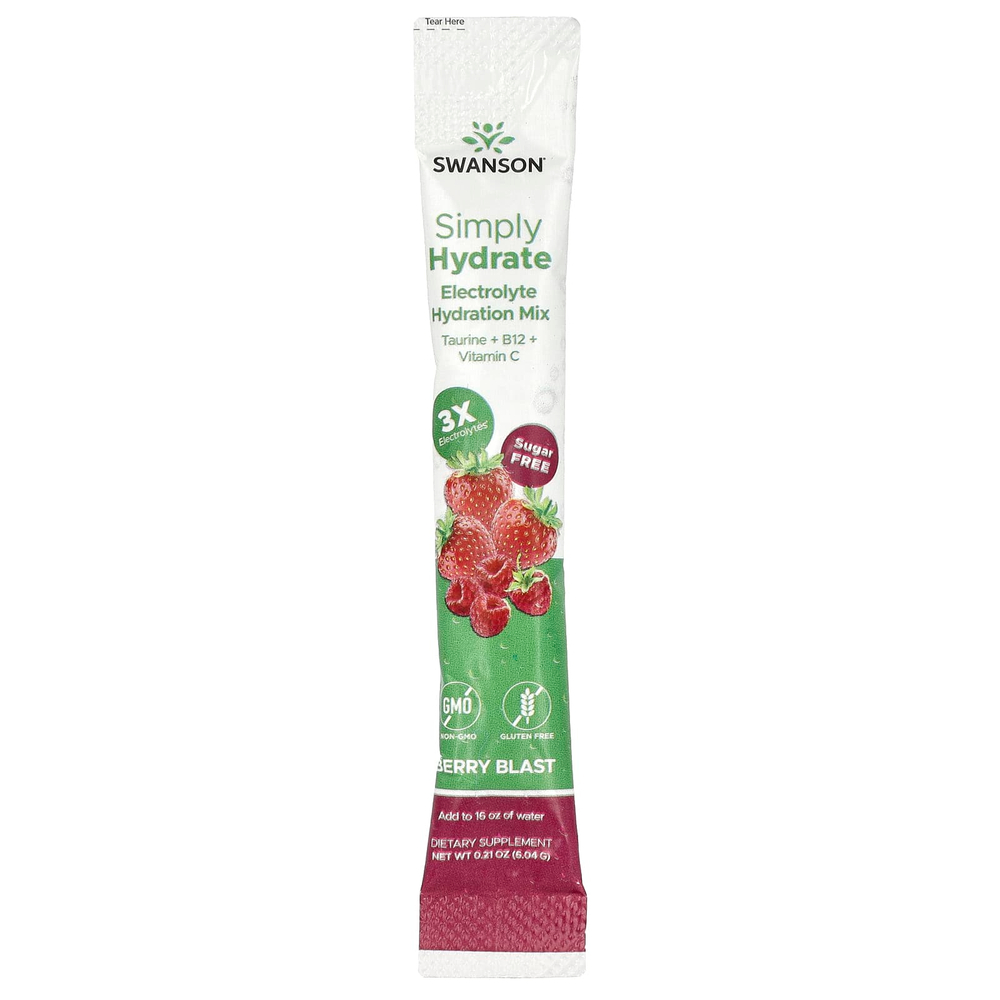Swanson Vitamins, Simply Hydrate, смесь для гидратации электролитов, Berry Blast, 8 пакетиков в виде стиков по 6,04 г (0,21 унции)