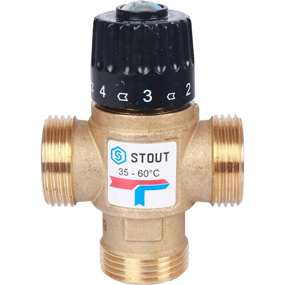 Клапан термостатический смесительный STOUT - 1" (НР, 35-60°C, Kvs 2.5, L-образное смешивание)