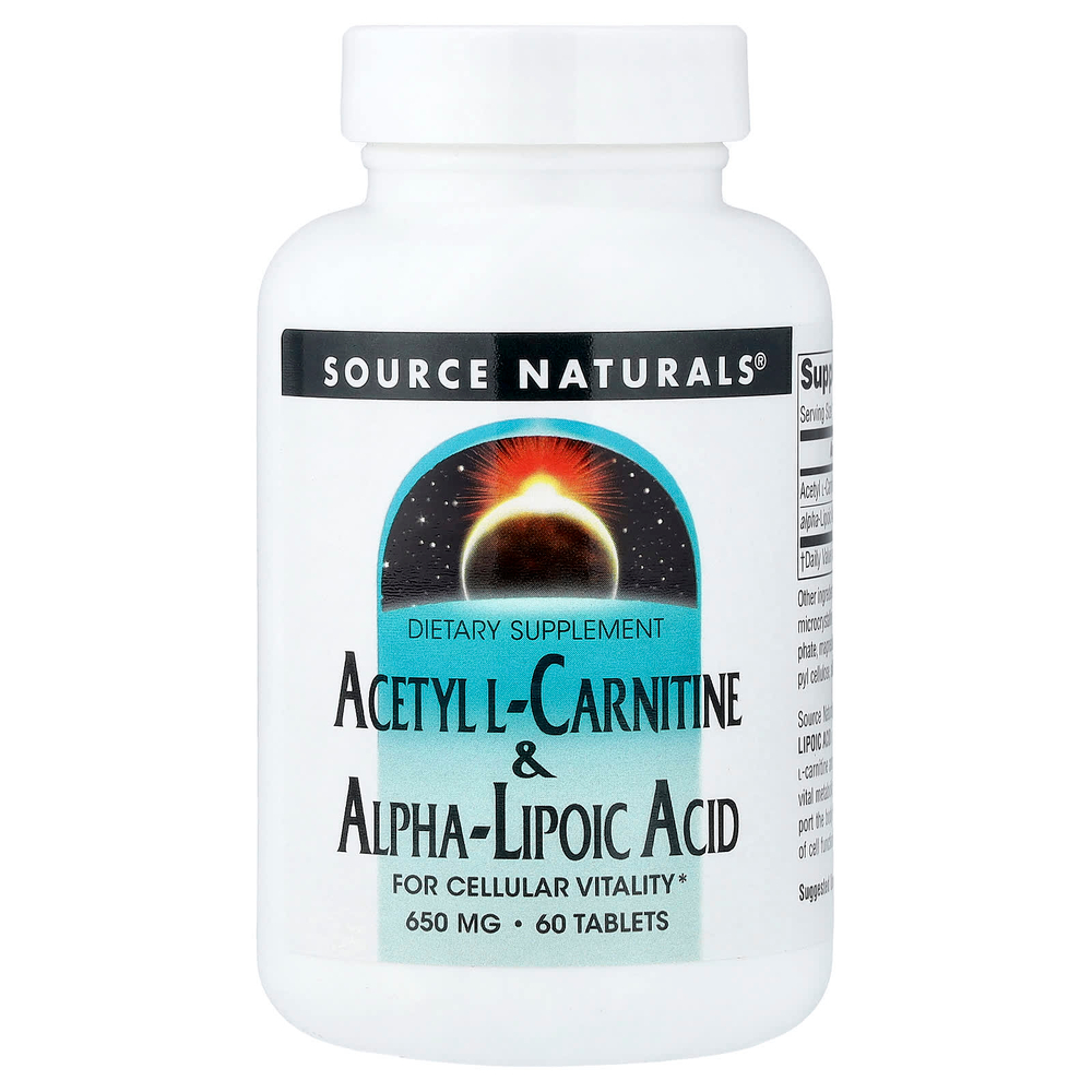 Source Naturals, ацетил-L-карнитин и альфа-липоевая кислота, 60 таблеток