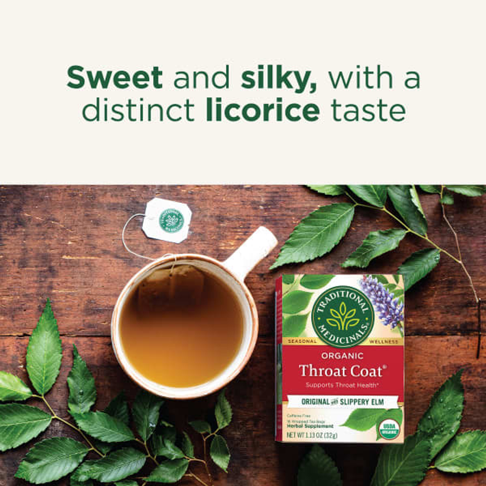 Traditional Medicinals, Organic ThroatCoat®, оригинальный продукт со скользким вязом, без кофеина, 16 запеченных чайных пакетиков, 32 г (1,13 унции)