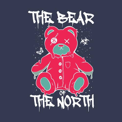 Тёмно-синий принт с розовым медведем Тедди и надписью The Bear of the North в стиле поп-арт