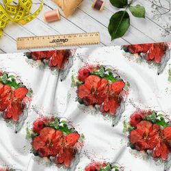 Ткань шифон красные букеты на белом фоне