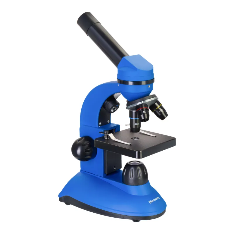 Микроскоп Levenhuk Discovery Nano Gravity с книгой - синий учебный микроскоп, вид сбоку