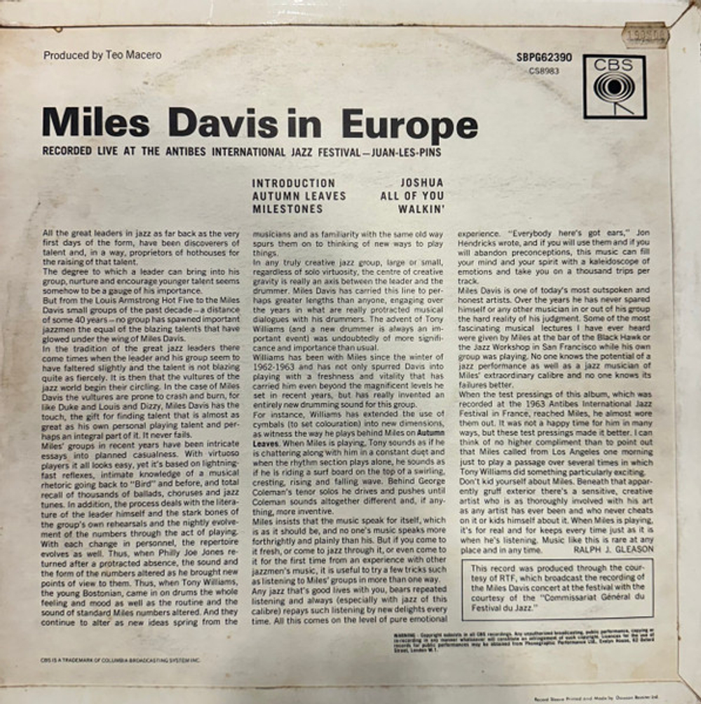 Miles Davis - In Europe - Unplayed, UK OG CBS Stereo