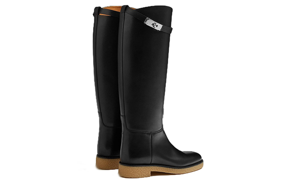 HERMES Faustine Cow Leather Knee high Boots Women"s Black