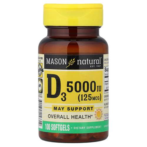 Mason Natural, Витамин D3, 125 мкг (5000 МЕ), 100 мягких таблеток