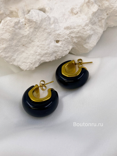 Серьги черные кольца в золоте сталь