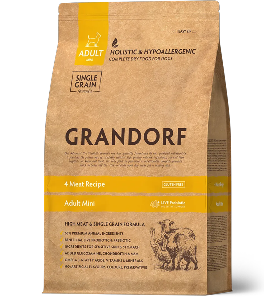 Grandorf Mini Adult Holistic Probiotic для собак малых пород, 4 вида мяcа 3кг.