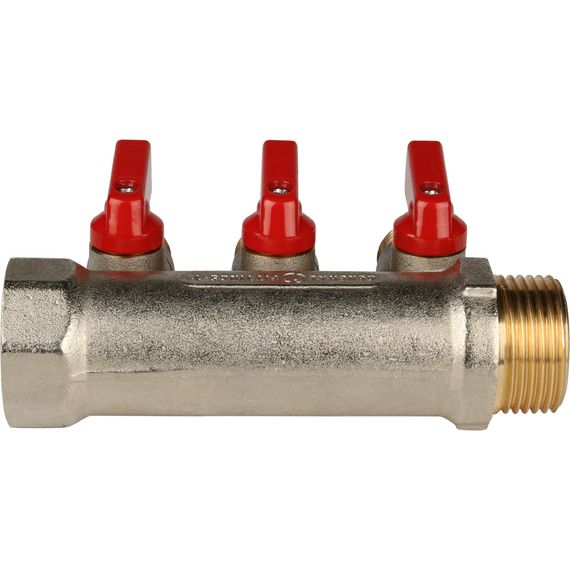 Коллектор запорный STOUT ВР-НР 1"/НР 3*1/2" красные ручки 30456