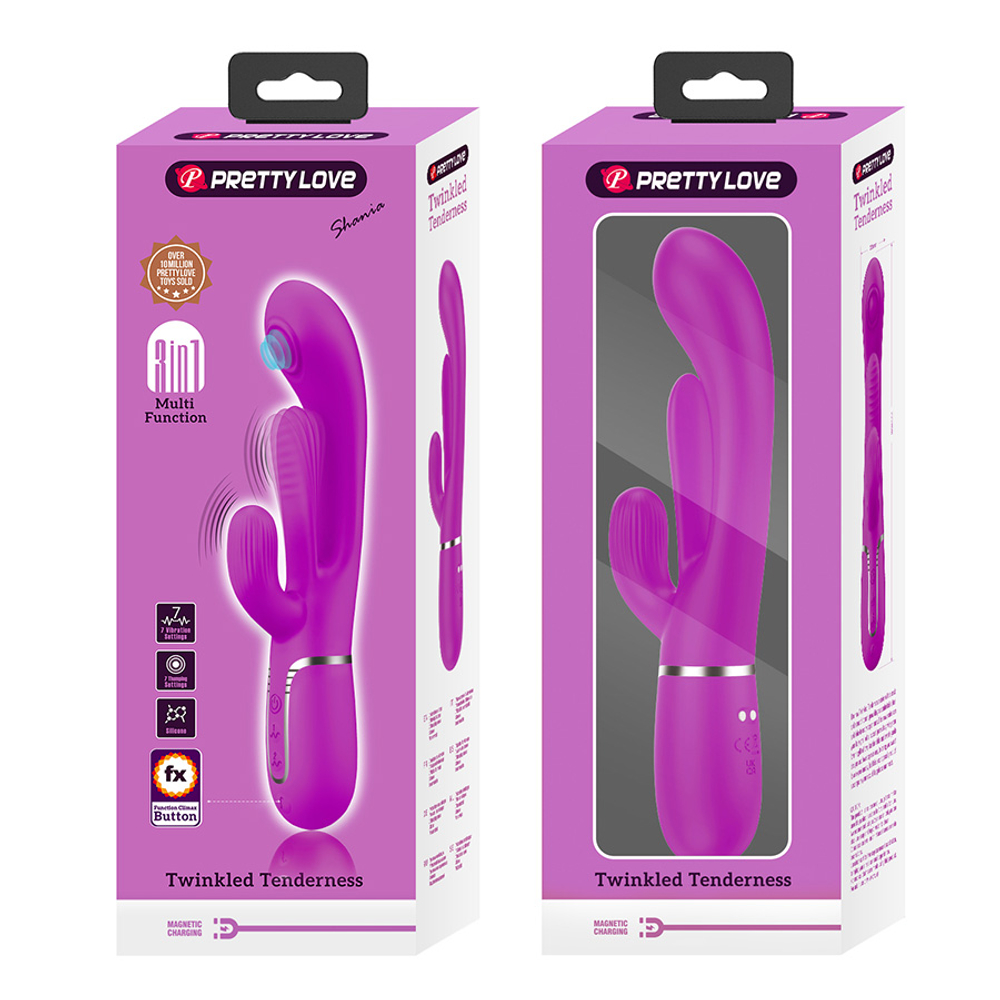 Розовый вибратор-кролик 22,2см с дополнительным язычком Pretty Love Triple Rabbit Multifuncional Vibrador BW-500041