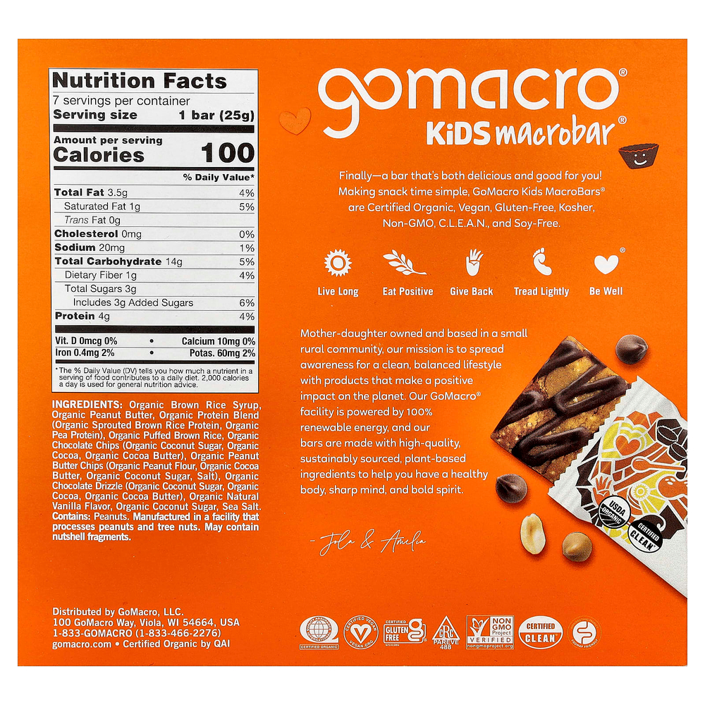 GoMacro, Kids MacroBar®, батончик с арахисовой пастой, 7 батончиков по 25 г (0,9 унции)