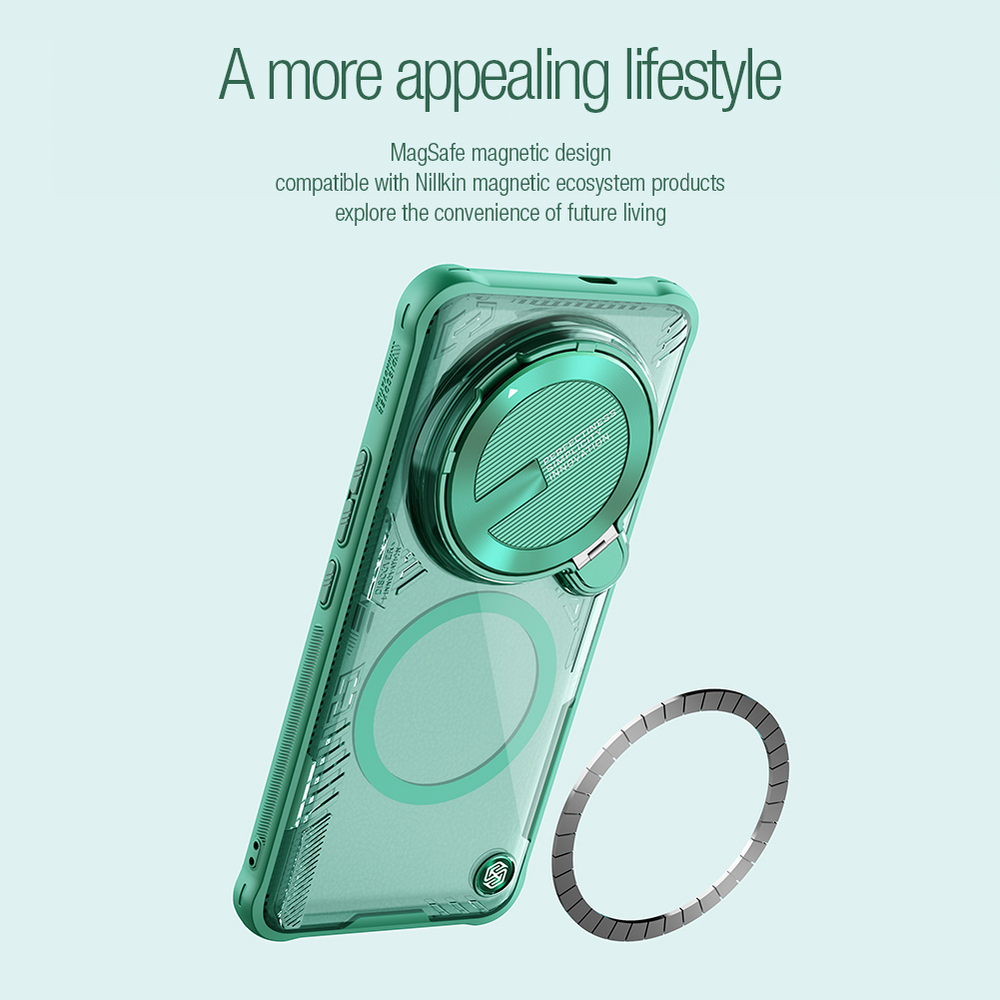 Чехол прозрачный зеленый (Glacier Green) от Nillkin с металлической откидной крышкой и поддержкой магнитной беспроводной зарядки MagSafe на Xiaomi 14 Ultra, серия Iceblade Prop Magnetic Case
